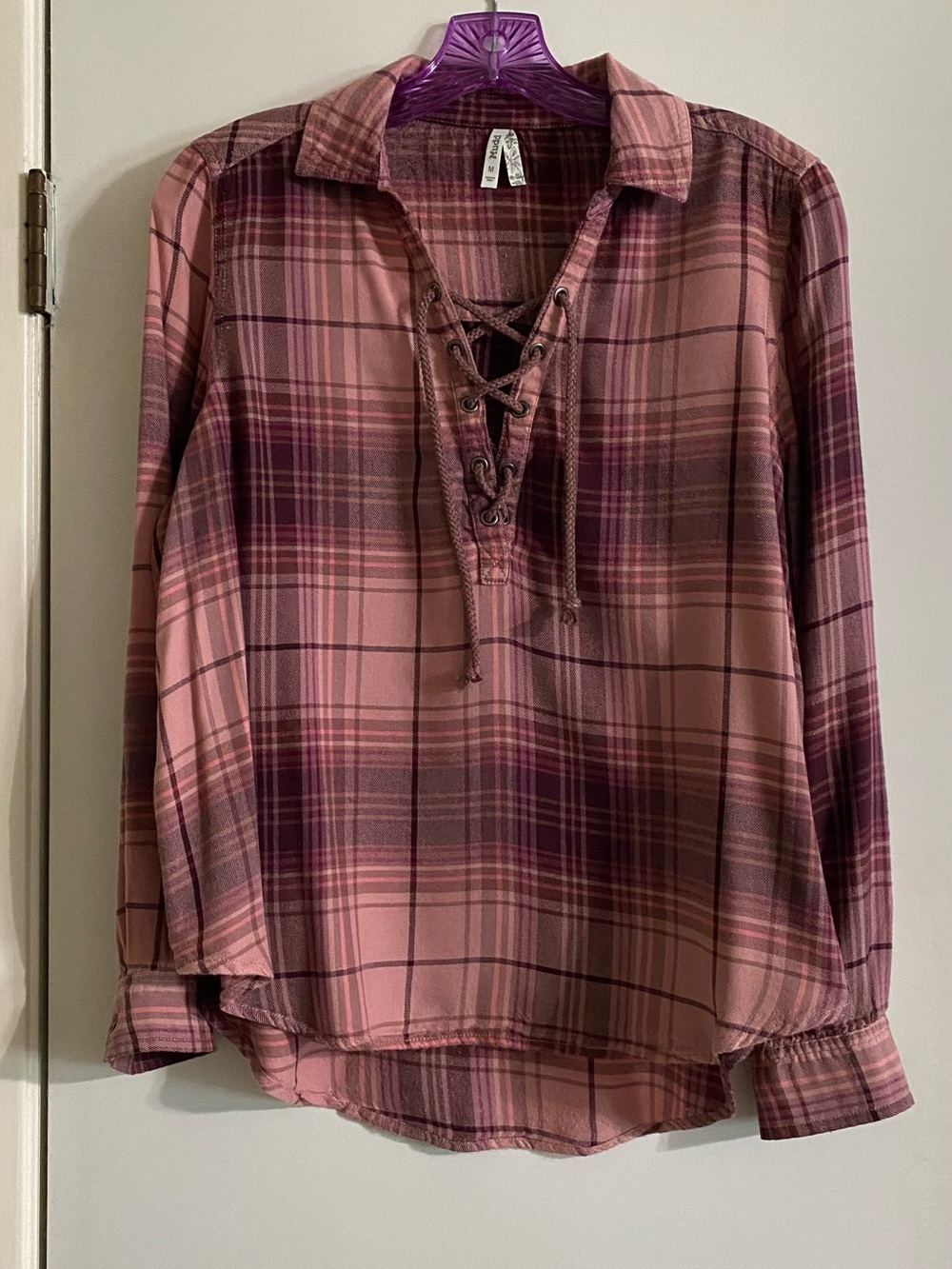 MUDD Mauve Pink Plaid Lace-Up Blouse